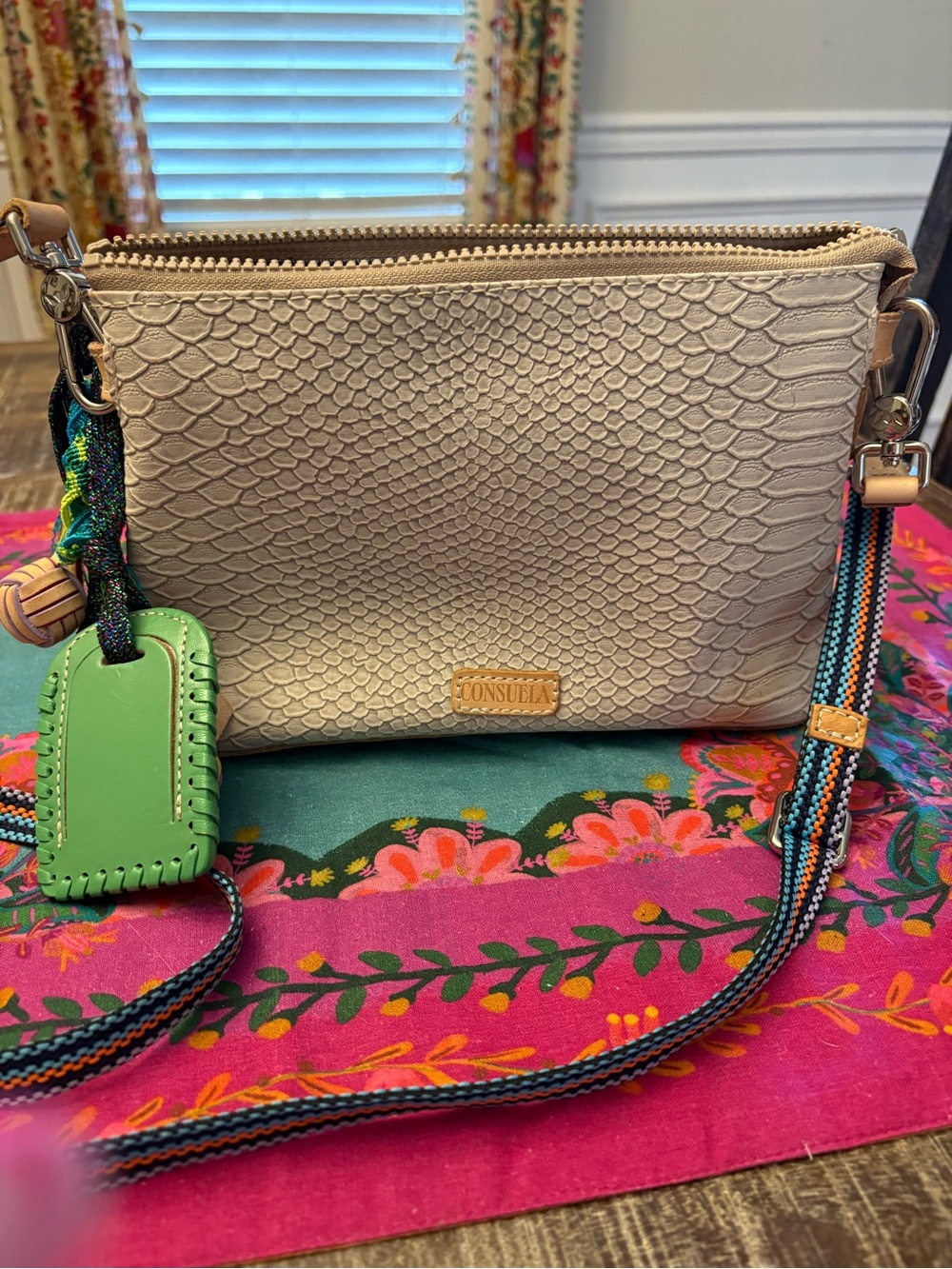 Consuela Thunderbird Midtown Cream Textured Crossbody Bag with Green Tag